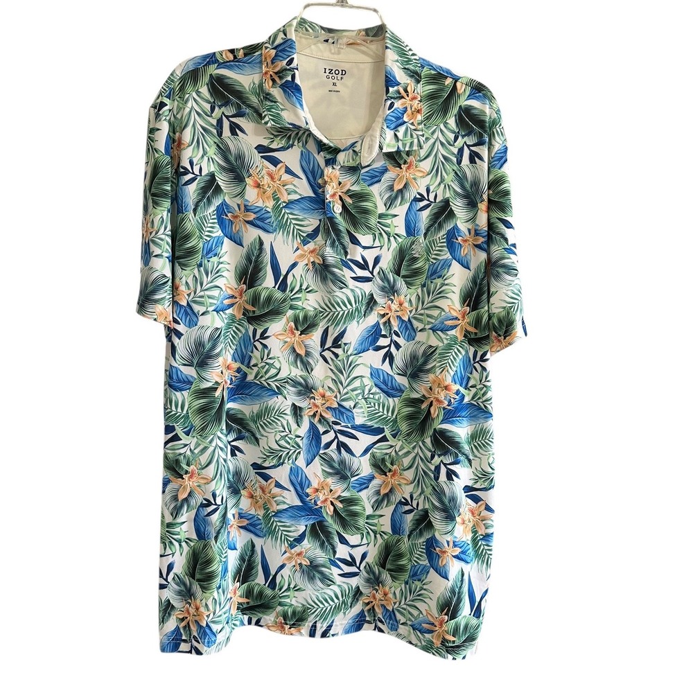IZOD Golf Mens‎ XL Tropical Floral Palm Print Performance Polo Shirt Blue Green